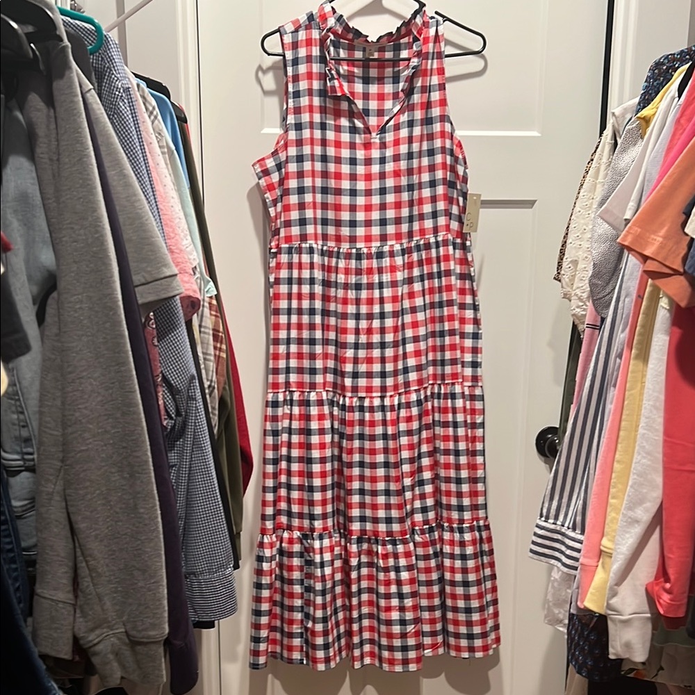 Red and White Checkered Sleeveless Dress- medium